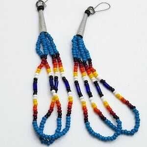Vintage Native American Seed Bead Long Earrings Cone Set Clasp 4" Long
